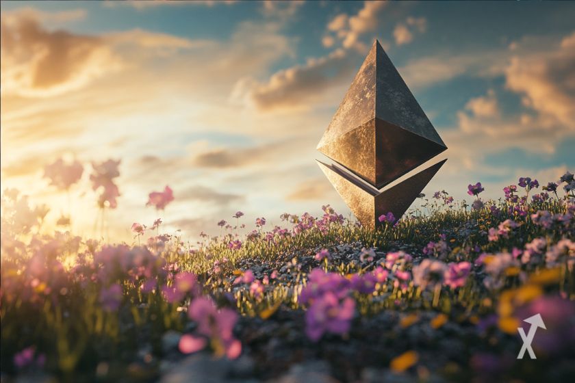 Ethereum logo with decorative flowers.