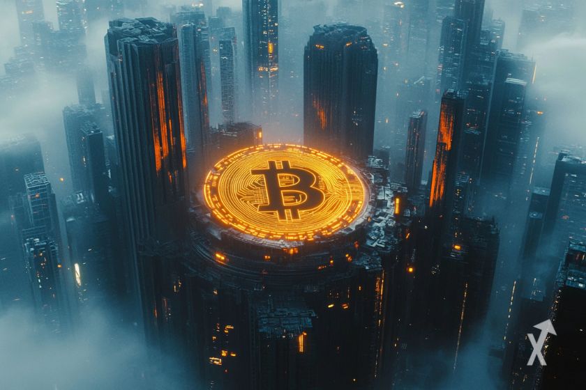 Bitcoin logo, digital currency symbol.
