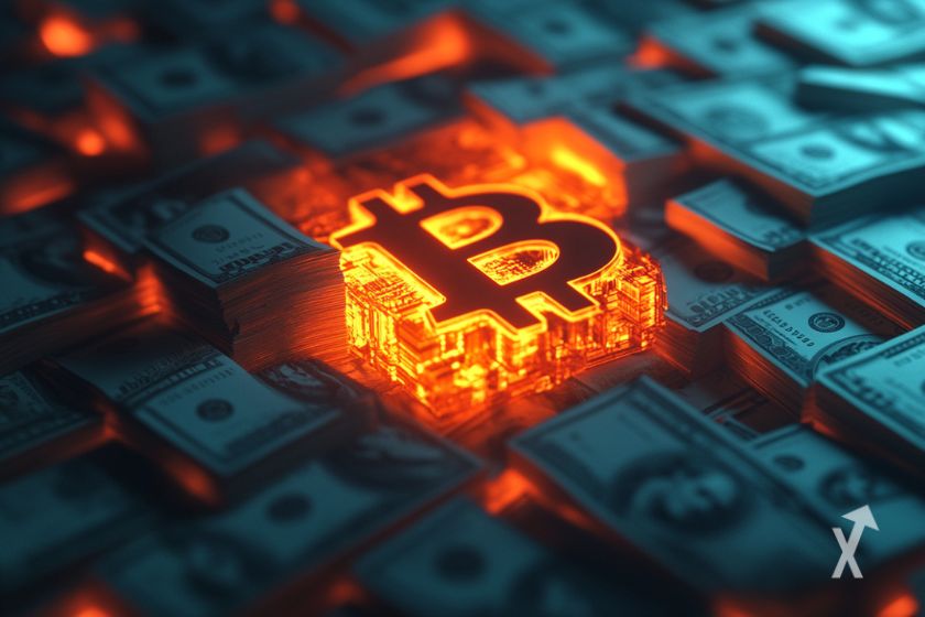 Bitcoin logo, digital currency emblem symbol.