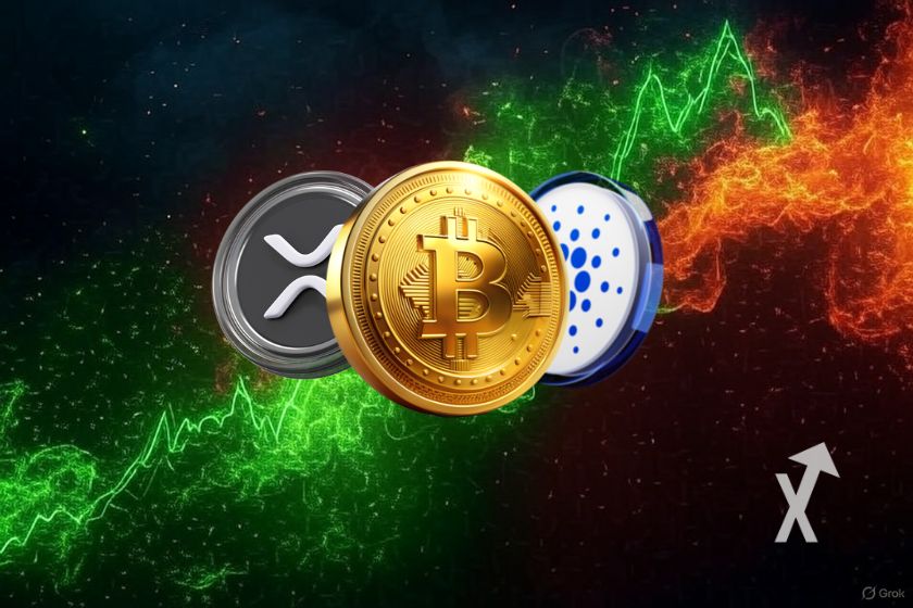 Cryptocurrency cover with Bitcoin, ADA, Dogecoin, XRP.