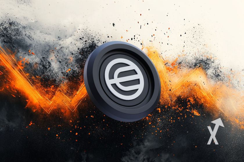 Abstract worldcoin symbol against dark background.
