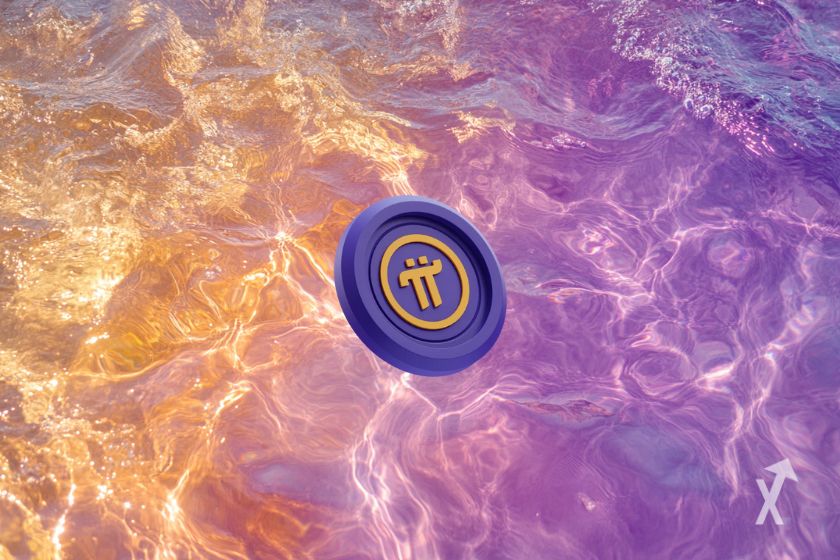 Pi Network token reflecting on water.
