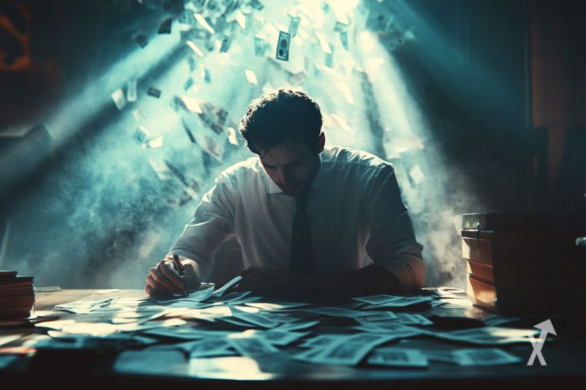 Trader holding cash bills in hand.