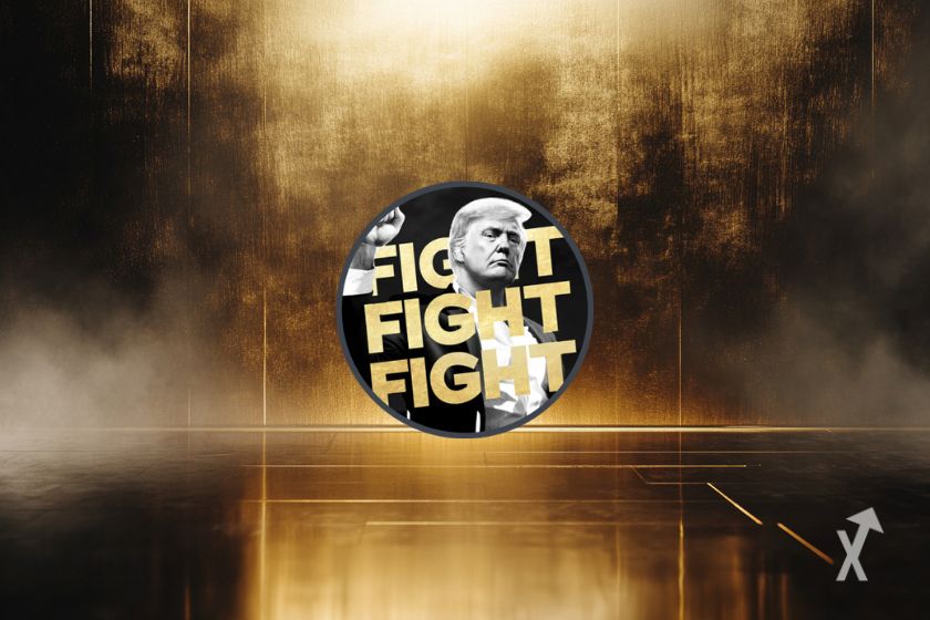 Trump-themed cryptocurrency token illustration.