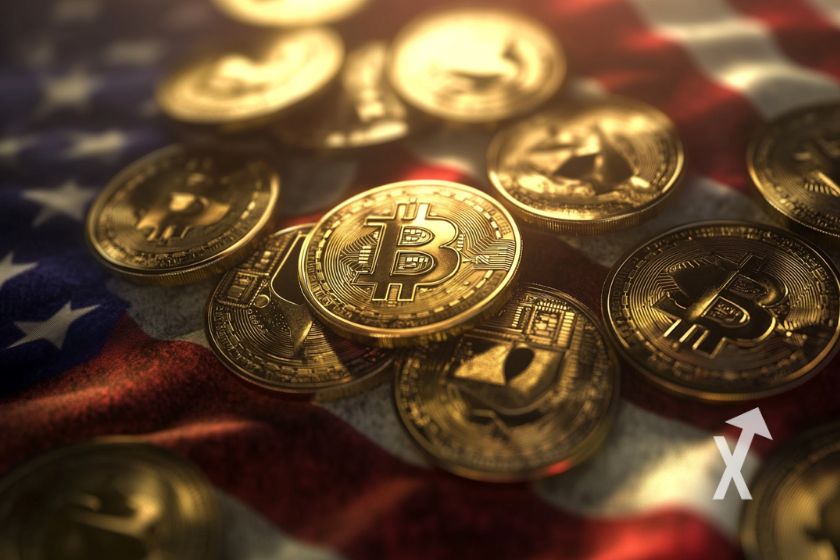 Bitcoin featuring Trump, American flag.