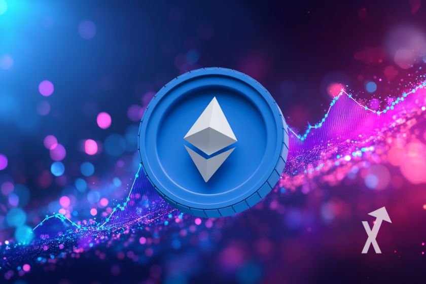 Ethereum logo on virtual background.