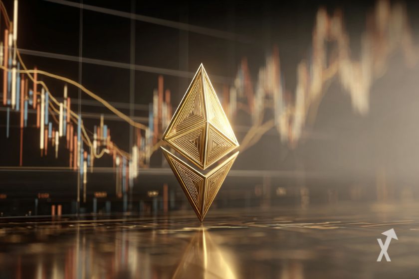 Golden Ethereum logo.