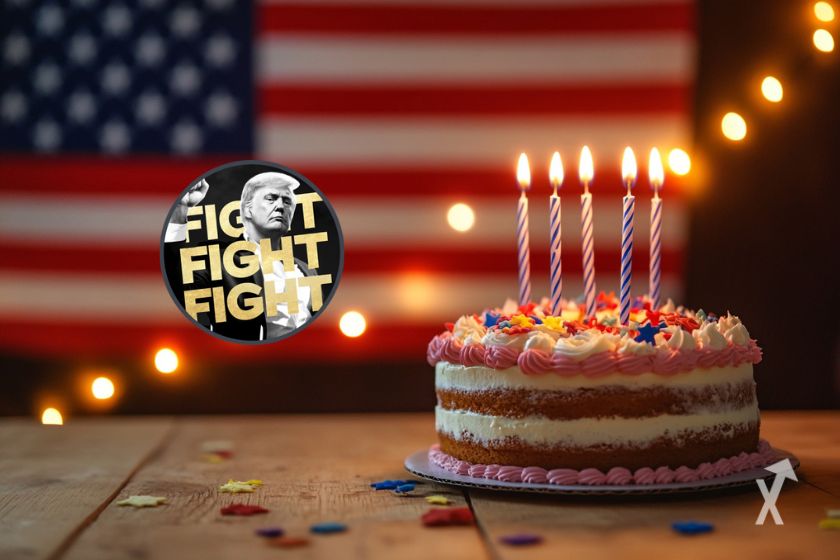 TRUMP token and birthday cake.