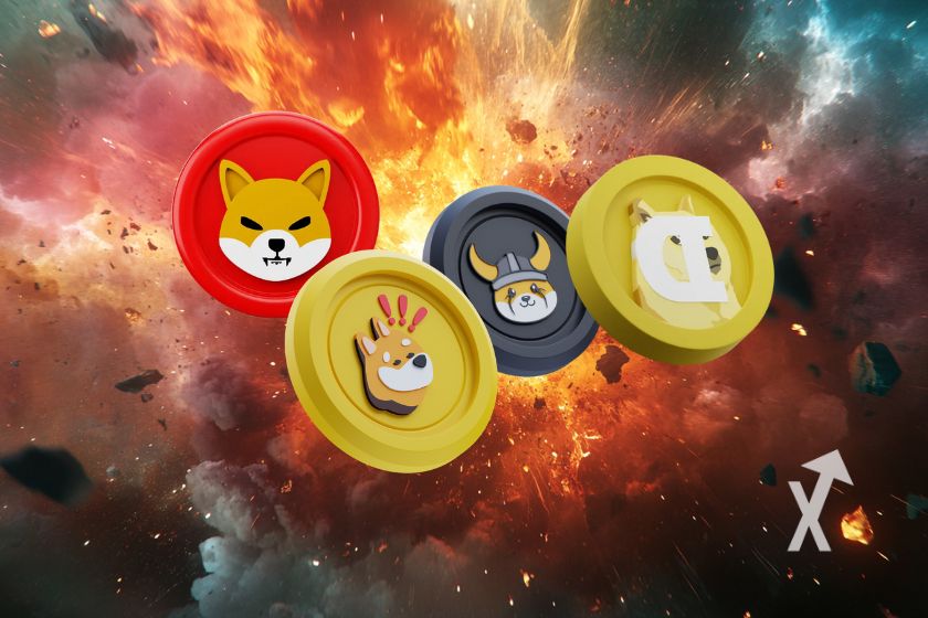 Cryptocurrency alt text: Doge, Shiba, Floki memes thriving.