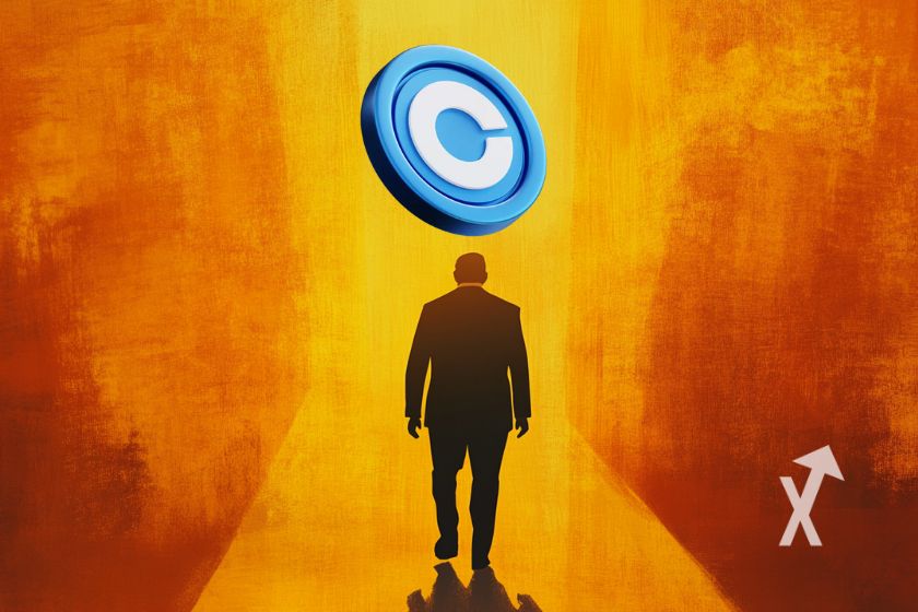 Donald Trump with Coinbase symbol.