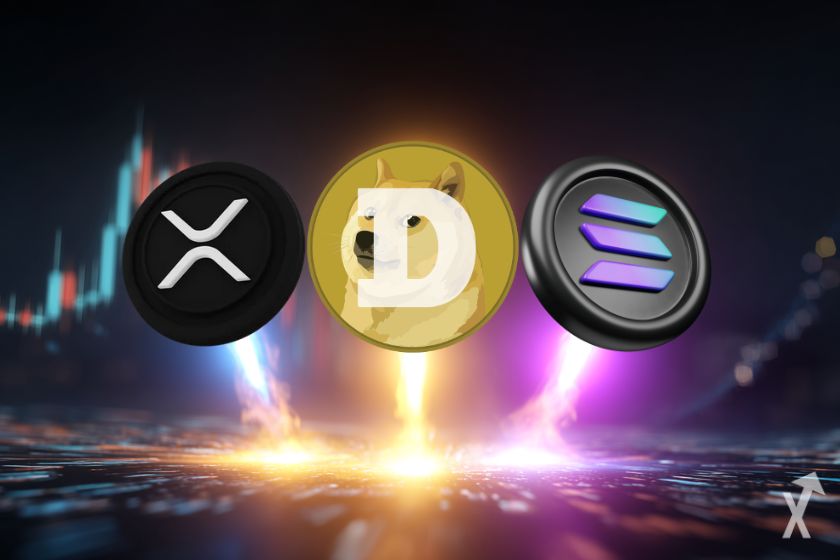 Cryptocurrency coins XRP, DOGE, SOL.