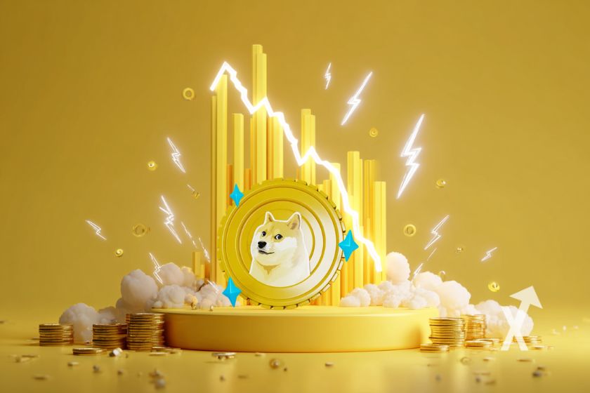 Cryptocurrency Dogecoin logo with dog.