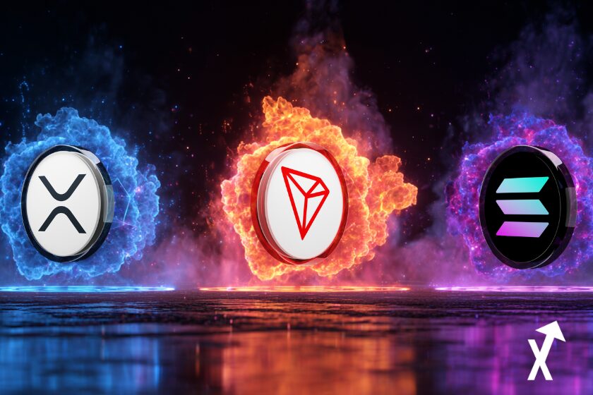 "Glowing XRP, Tron, Solana coins. Cryptocurrency."
