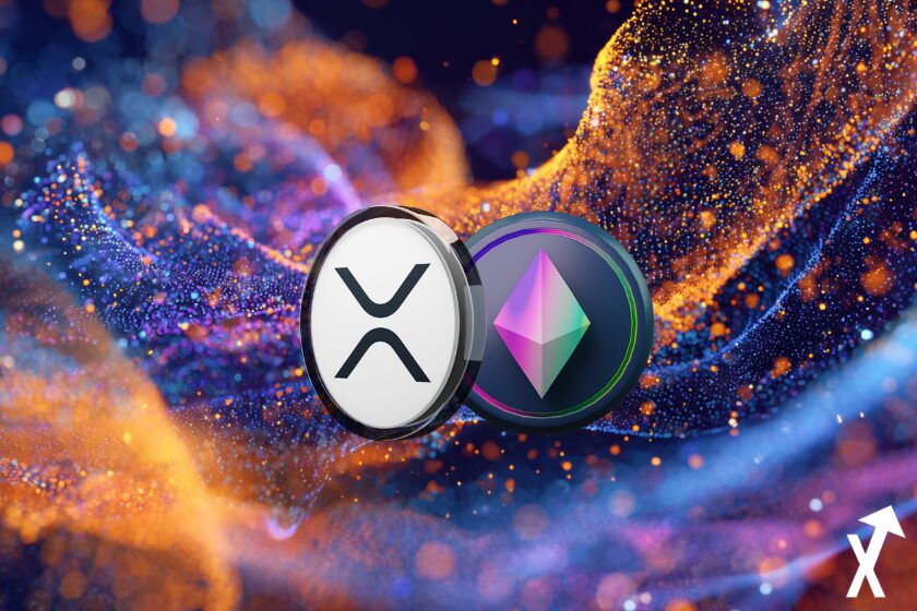 "XRP and ETH tokens side by side with dynamic abstract background representing rivalry between cryptocurrencies."