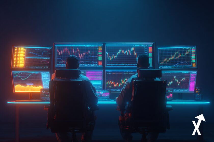 "Copy trading: Two traders watching multiple screens with charts."