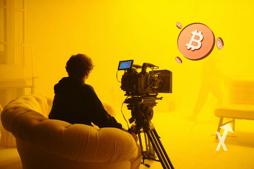 "Camera operator with Bitcoin logo in yellow-themed living room"