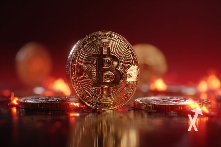 3D Bitcoin coins with red backdrop.