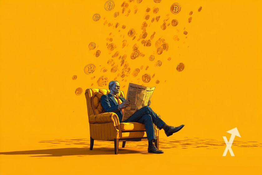 Man with bitcoins above head, orange background.