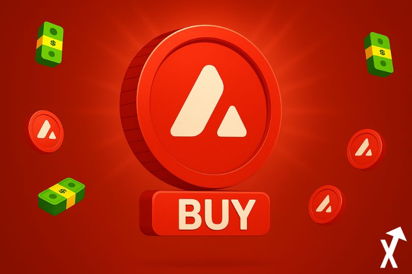 Avalanche (AVAX) coin in red and white, surrounded by banknotes and small coins, along with a red and white &ldquo;Buy&rdquo; logo on a bright red background.