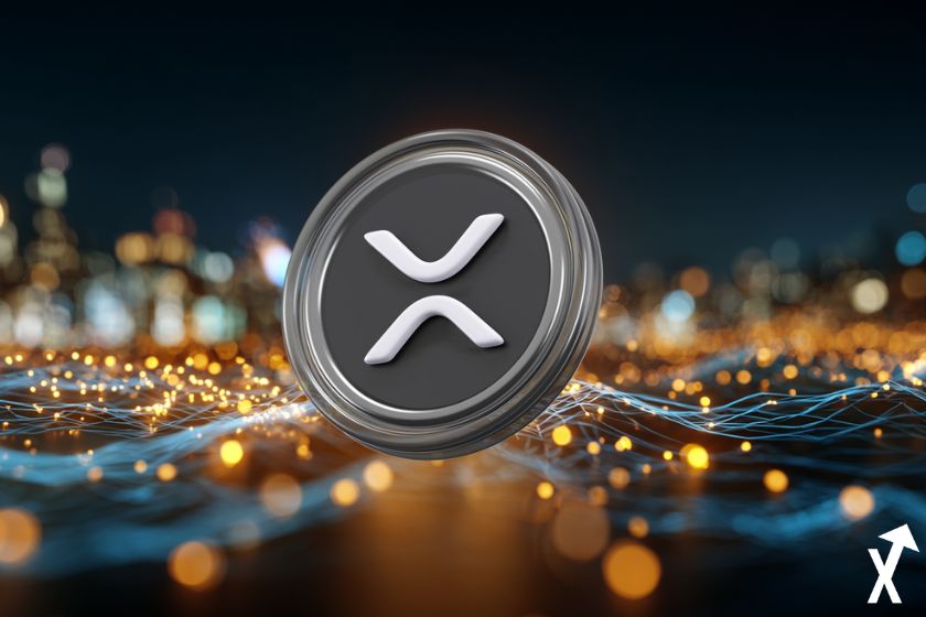 Black and white XRP Ripple coin on black and orange background.