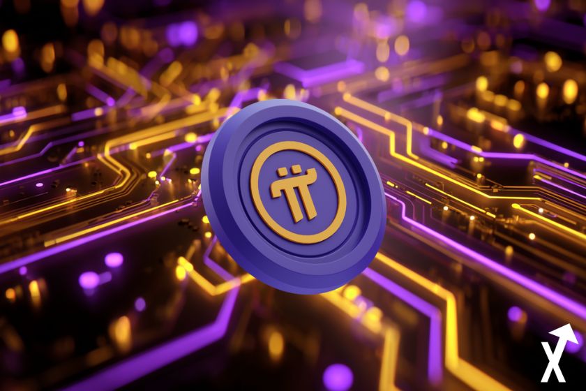 "Yellow and purple Pi coin with blockchain on yellow background"