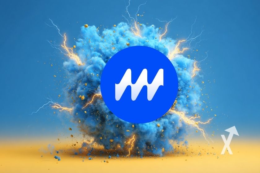 "Marina protocol BAY token on blue and yellow background with blue smoke explosion and lightning"