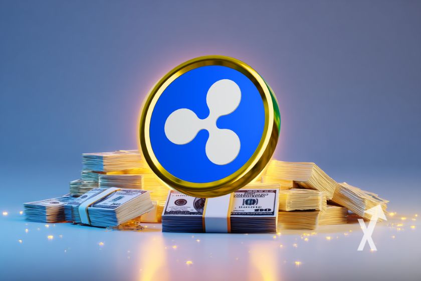 XRP coin on stack of US dollars and blue-grey background.