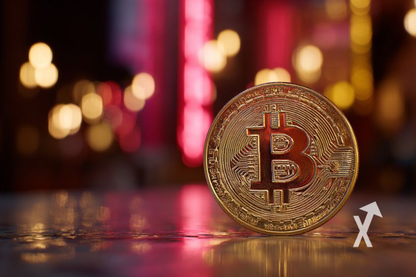 Bitcoin coin on street with red neons.