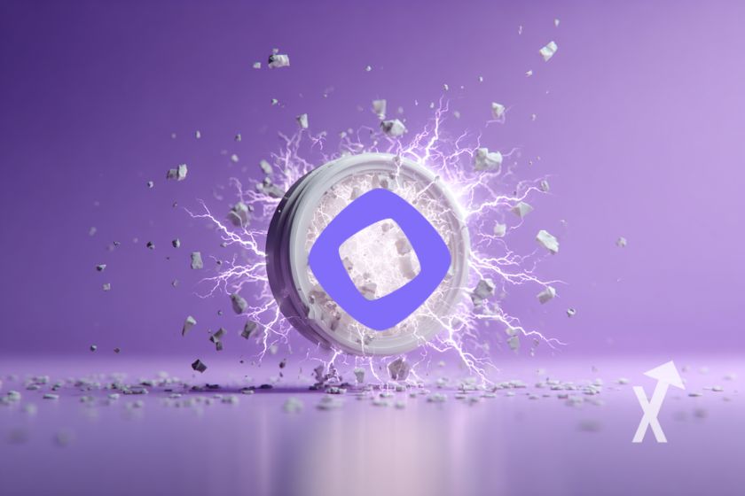 White token surrounded by electricity on purple background.