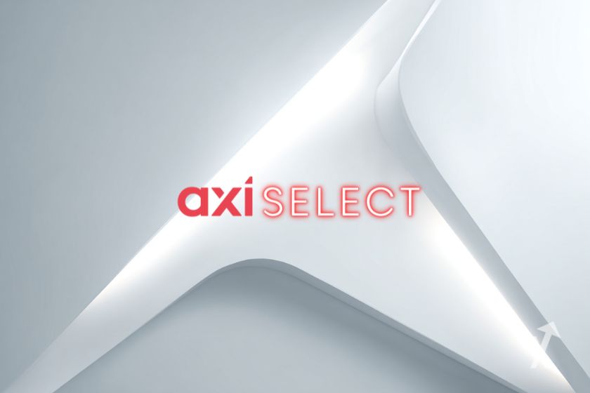 "Axi Select logo in red on white background with abstract shape"