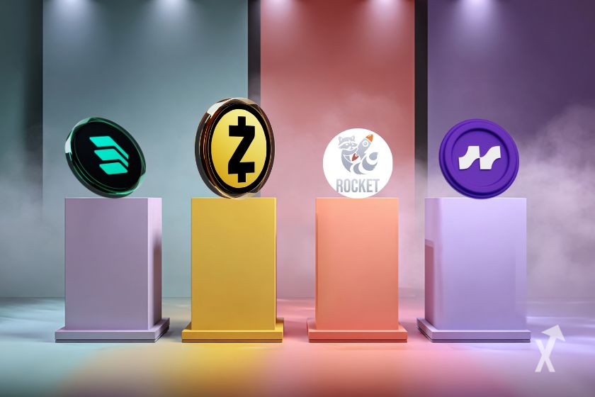 Four colorful pillars with Zcash, COMP, RKT, and AVNT crypto tokens.