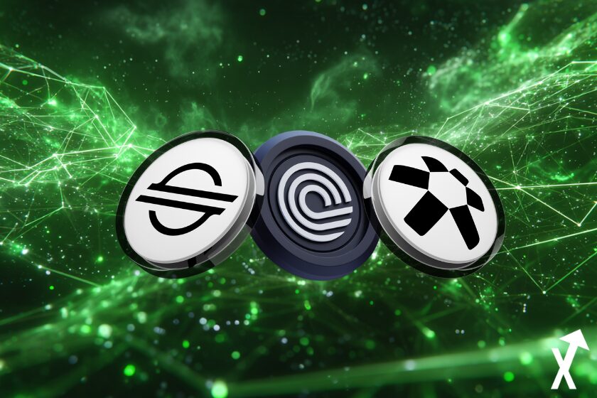 Temperature quant XLM coins on green cryptocurrency background.