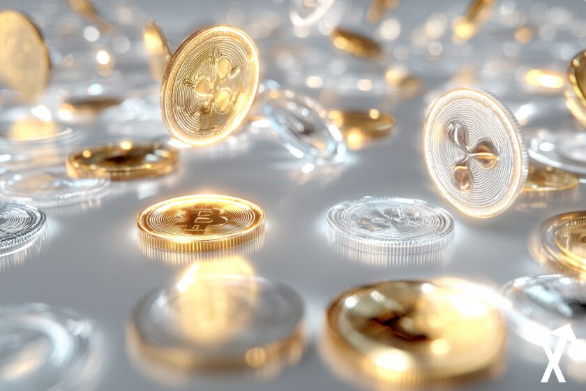 Crypto market illustration on golden background.