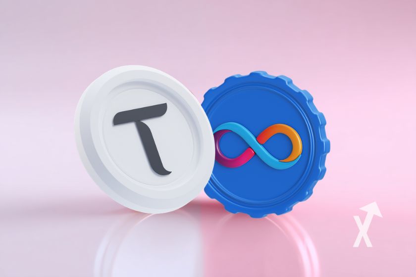 White TAO coin and blue ICP coin on pink and white background.