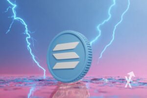 "Blue Solana coin on colorful background"