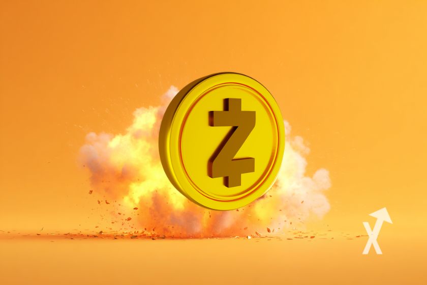 "Yellow Zcash ZEC coin on orange background with explosion"