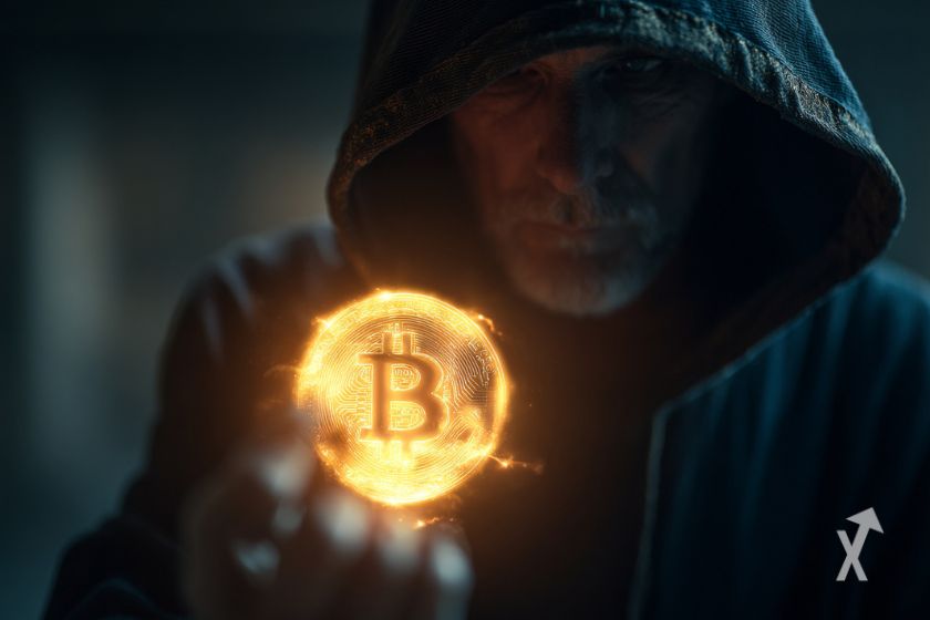 "Bearded man holding a BTC coin"