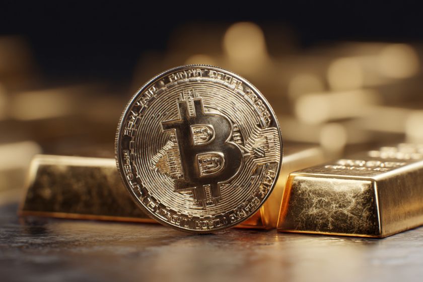 One Bitcoin surrounded by gold bars.