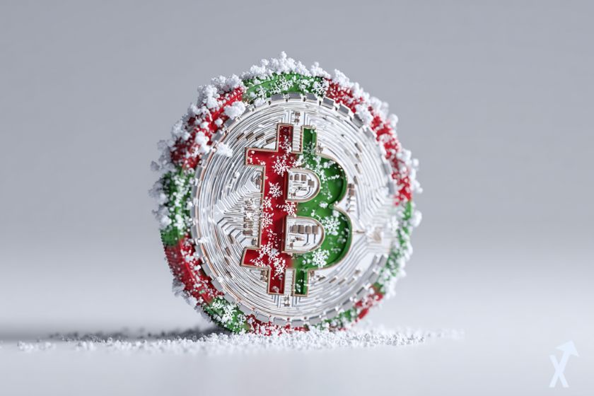 "3D Christmas themed red, white, green Bitcoin coin with snow"