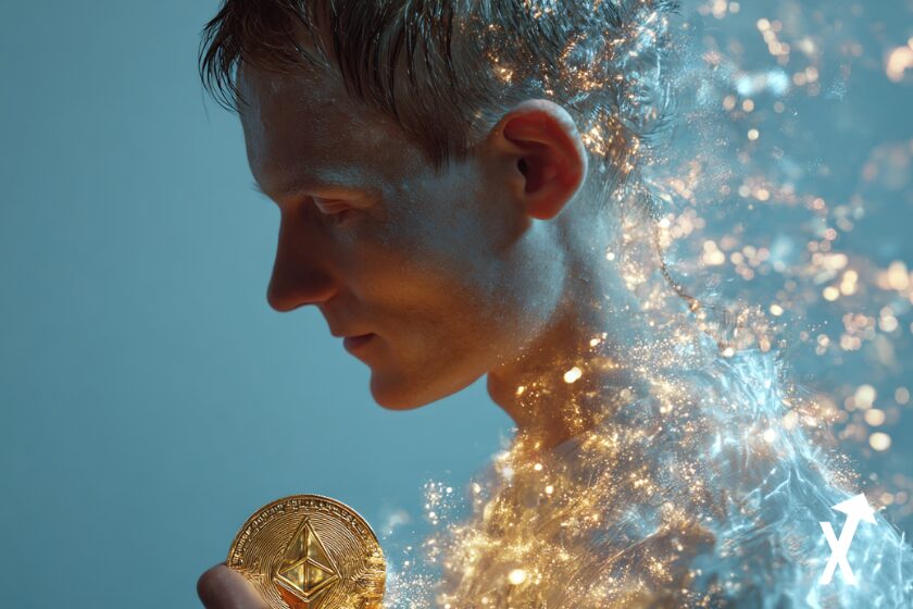 vitalik buterin avec un coin ethereum dans la main dor&eacute; et propagation clean
