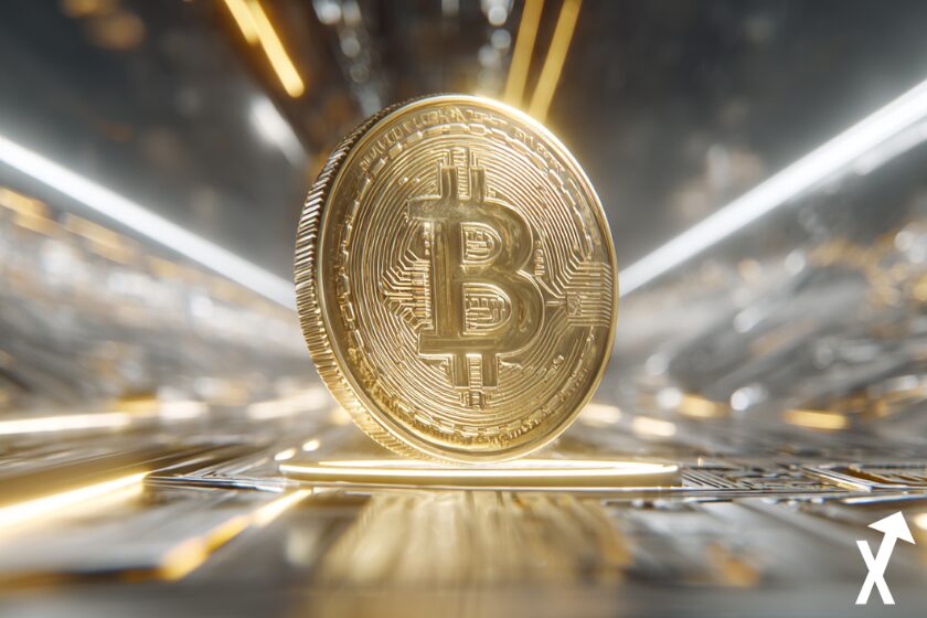 bitcoin dor&eacute; sur fond blockchain vive argent et dor&eacute;