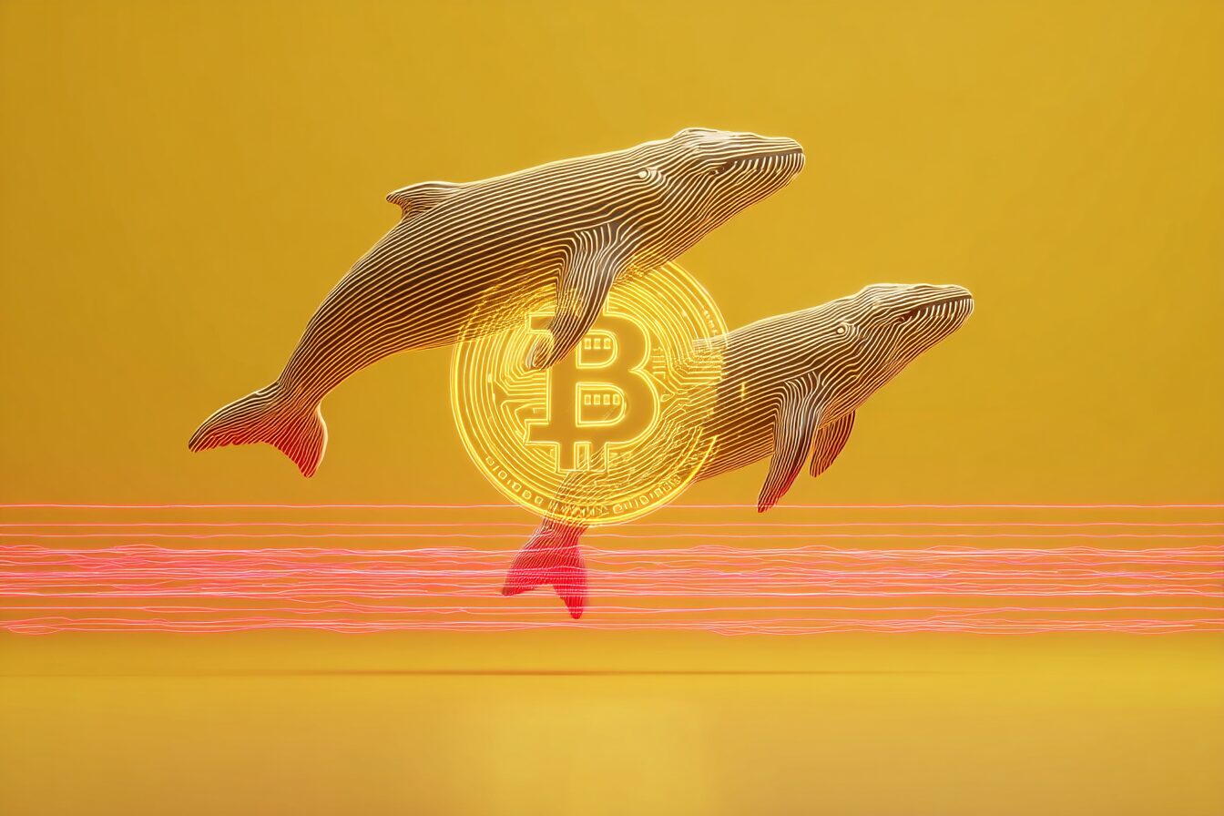 Bitcoin coin avec deux baleines sur un fond jaune avec lignes rouges