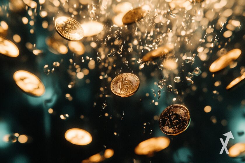 bitcoin coin tombant du ciel sur fond dor&eacute;