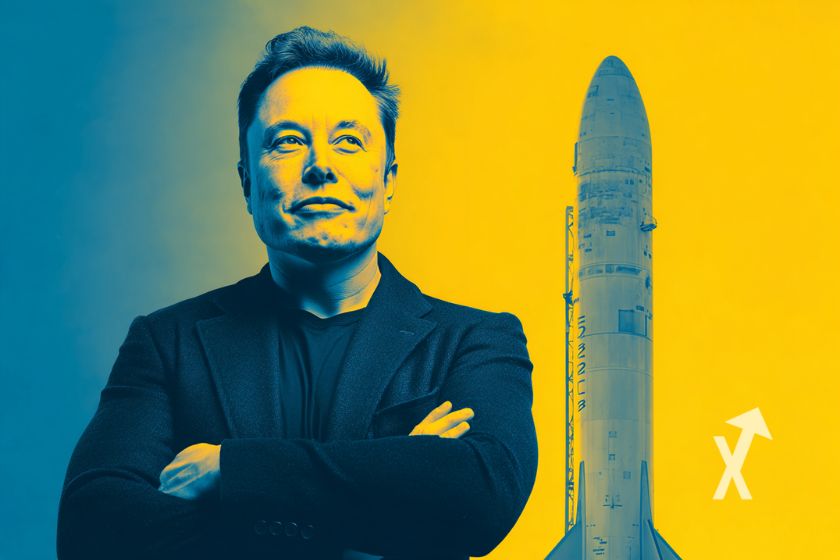 Elon Musk devant un fond jaune et bleu et une fus&eacute;e SpaceX