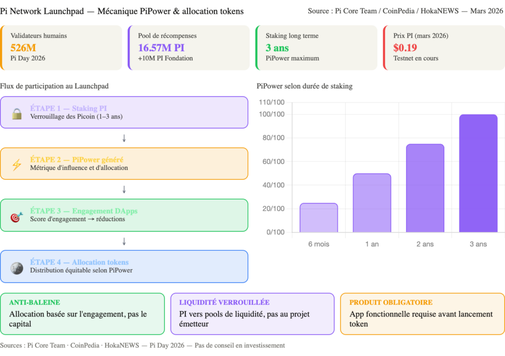Infographic Pi Network Launchpad — PiPower mechanics and token allocation — March 2026. Sources: Pi Core Team / CoinPedia / HokaNEWS. Four key indicators at the top: 526M human validators (Pi Day 2026), reward pool 16.57M PI (+10M PI Foundation), 3-year long-term staking for maximum PiPower,