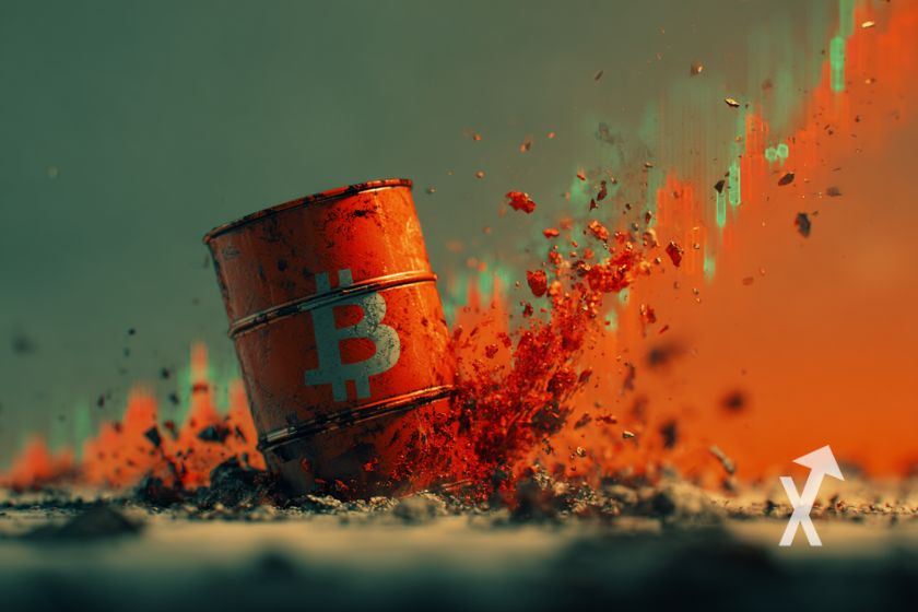 baril de p&eacute;trole avec logo bitcoin vert dessus et un fond mi-vert mi-orange avec trendline de prix