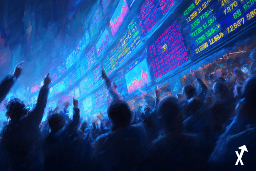 Foule de traders pariant sur des &eacute;crans holographiques lumineux, interface de march&eacute;s de pr&eacute;diction avec &eacute;lections sport et graphiques crypto, lumi&egrave;re n&eacute;on bleue et dor&eacute;e vibrante, &eacute;nergie dynamique, personnes pointant des &eacute;crans flottants, ultra color&eacute;