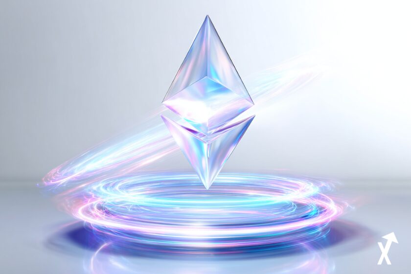 Pi&egrave;ce Ethereum ETH lumineuse en l&eacute;vitation, &eacute;clats de lumi&egrave;re rayonnants, surface cristalline holographique, anneaux d'&eacute;nergie bleu &eacute;lectrique et violet, effet de lueur lumineuse,