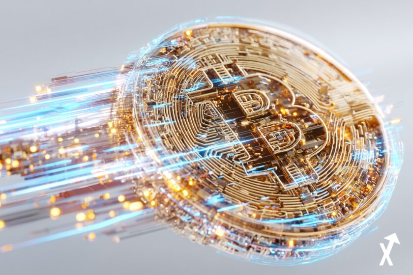 Pi&egrave;ce Bitcoin g&eacute;ante lumineuse face &agrave; un ordinateur quantique Google, faisceaux d'&eacute;nergie &eacute;lectrique les reliant, circuits quantiques et n&oelig;uds blockchain flottants, fond blanc &eacute;pur&eacute;, rayons de lumi&egrave;re bleu vif et dor&eacute;s, ultra color&eacute;,