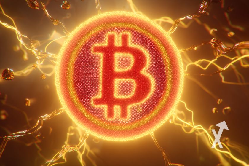 Bitcoin coin en lumi&egrave;re jaune et rouge sur un fond marron avec &eacute;lectricit&eacute; jaune